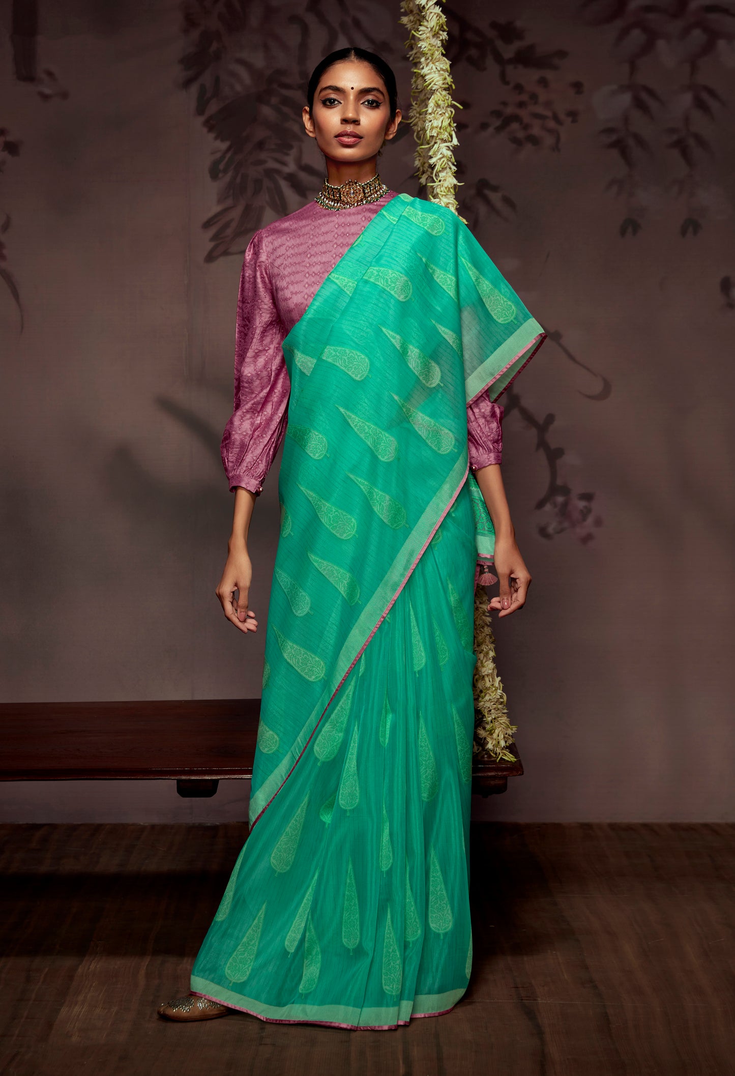 Pine Green  Checks Designer Soft Organza Saree with Zari Border