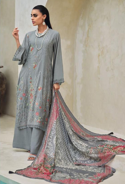 Lava Grey Muslin Cotton Designer Suit with Dupatta