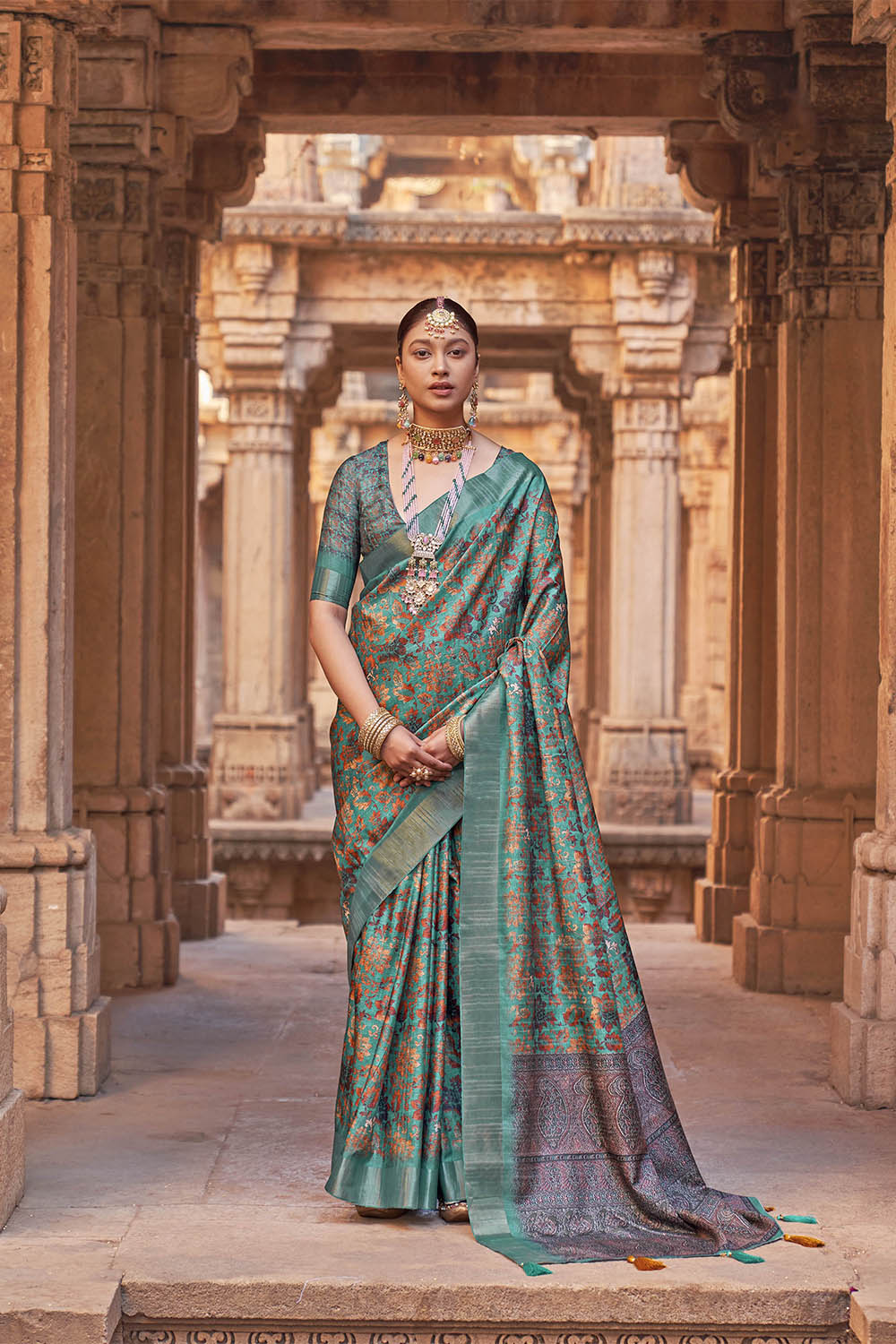 Rama Green with Brown  Soft Tussar Silk Floral Kalamkari Saree