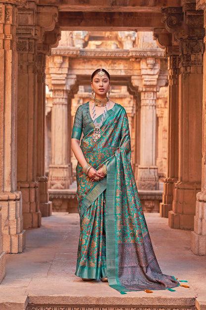 Rama Green with Brown  Soft Tussar Silk Floral Kalamkari Saree