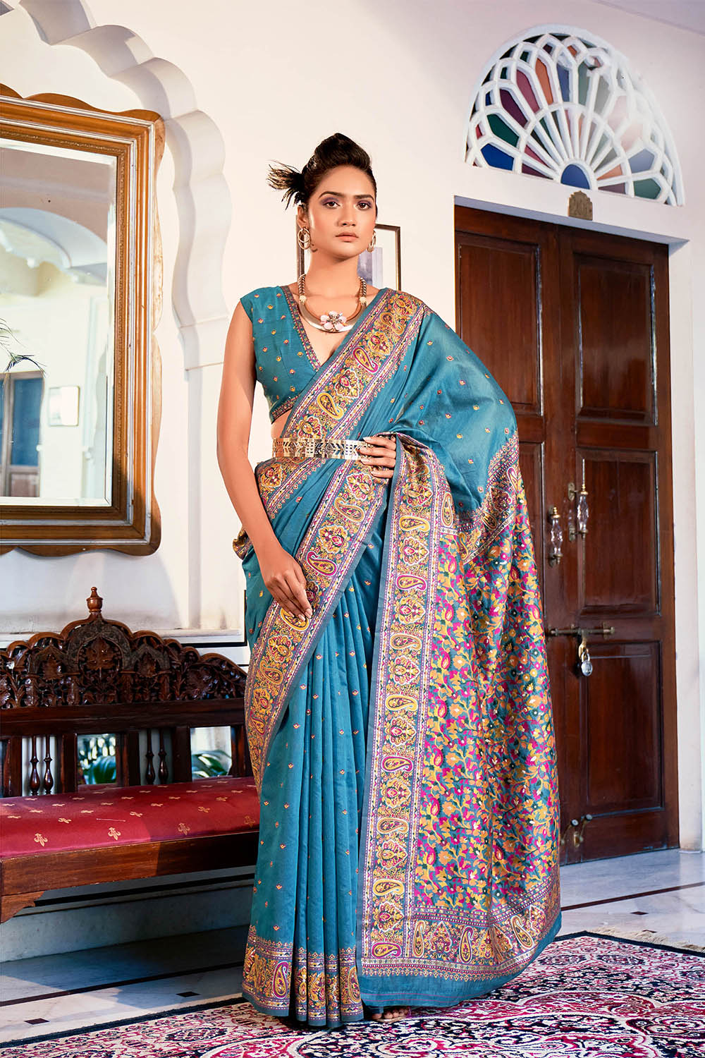 Aqua Blue  Pure Handloom Modal Weaving Silk Kashmiri Kani Saree