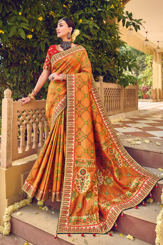 Apricot Yellow Patola Style Designer Silk Saree with Blouse