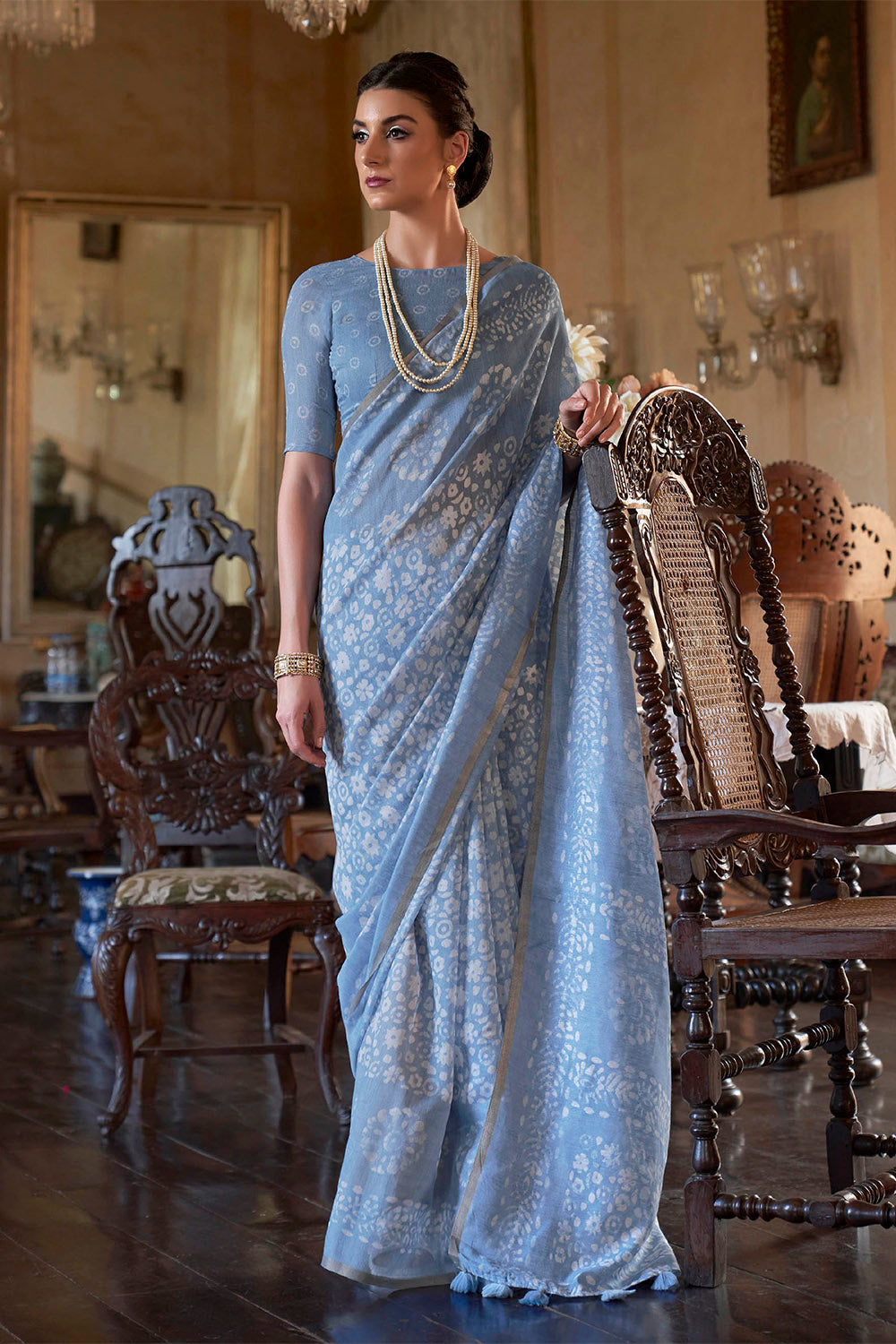 Blue Batik Printed Pure Linen Saree – SHANGRILA DESIGNER