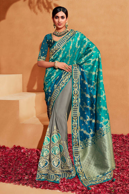 Peacock Blue with Grey Stunning Designer Bridal Dola Silk Saree with Heavy Embroidered Blouse