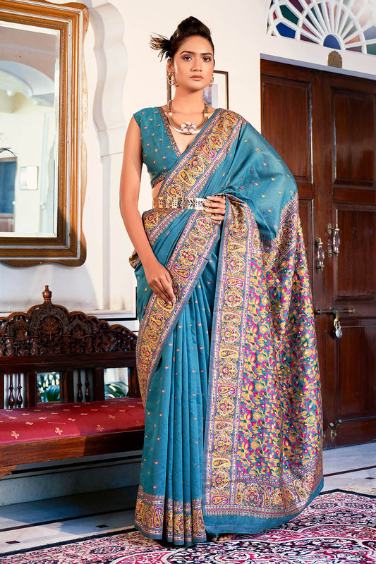 Aqua Blue  Pure Handloom Modal Weaving Silk Kashmiri Kani Saree
