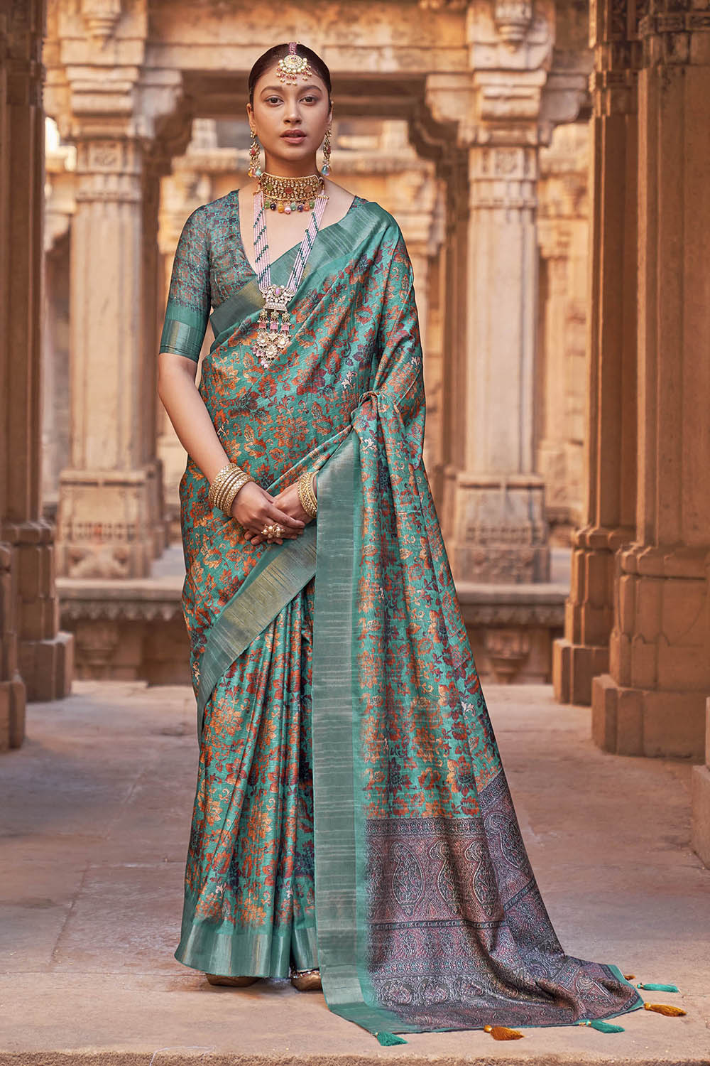 Rama Green with Brown  Soft Tussar Silk Floral Kalamkari Saree