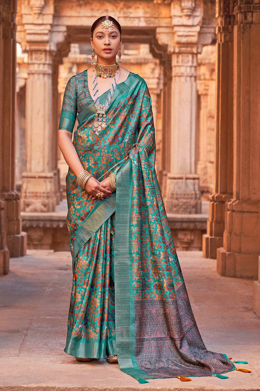 Rama Green with Brown  Soft Tussar Silk Floral Kalamkari Saree