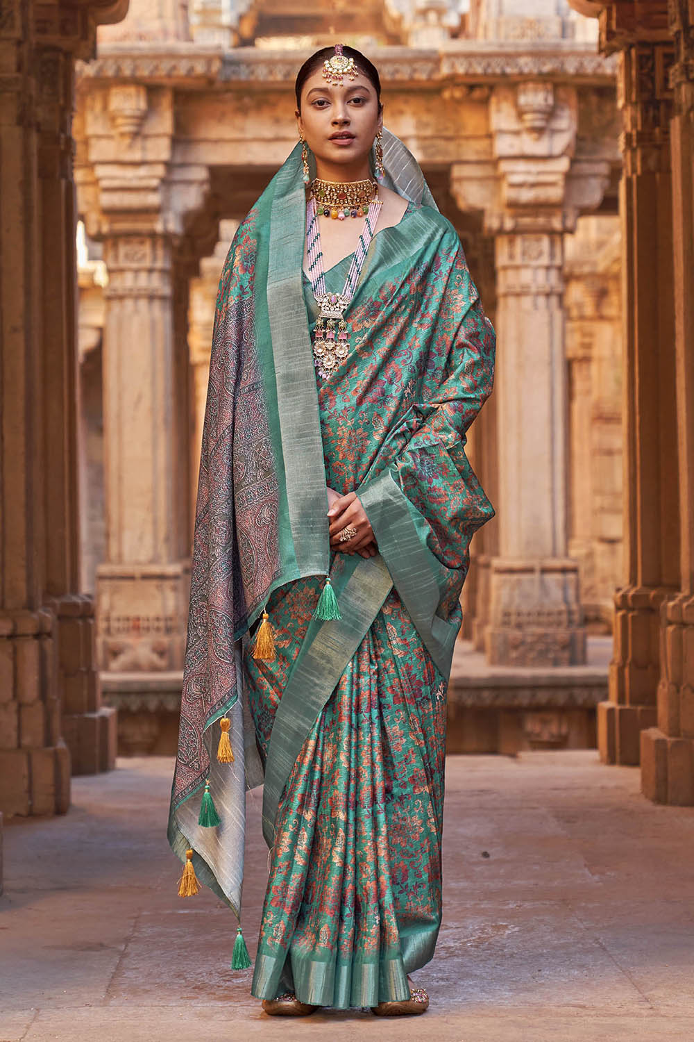 Rama Green with Brown  Soft Tussar Silk Floral Kalamkari Saree