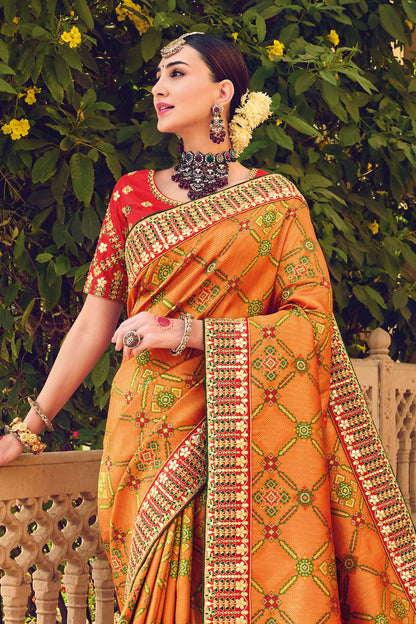 Apricot Yellow Patola Style Designer Silk Saree with Blouse