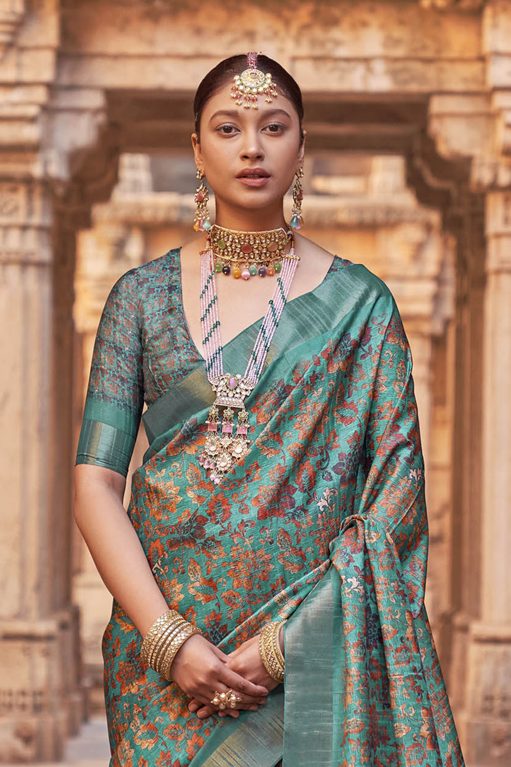 Rama Green with Brown  Soft Tussar Silk Floral Kalamkari Saree