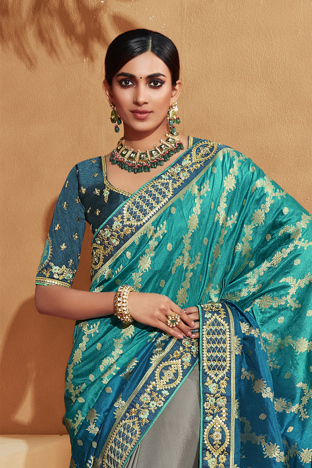 Peacock Blue with Grey Stunning Designer Bridal Dola Silk Saree with Heavy Embroidered Blouse