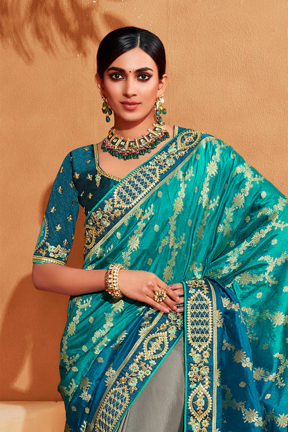 Peacock Blue with Grey Stunning Designer Bridal Dola Silk Saree with Heavy Embroidered Blouse