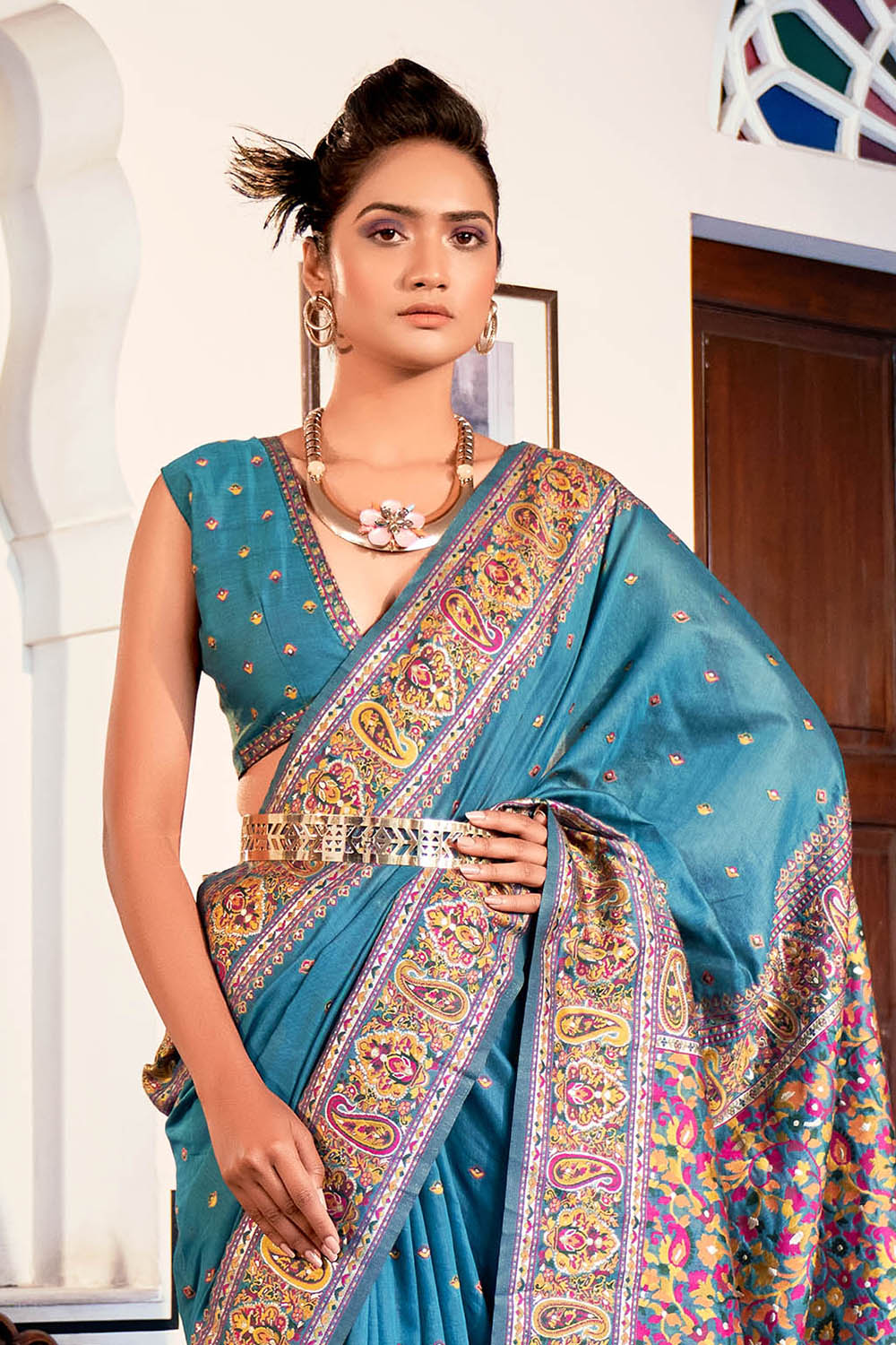 Aqua Blue  Pure Handloom Modal Weaving Silk Kashmiri Kani Saree