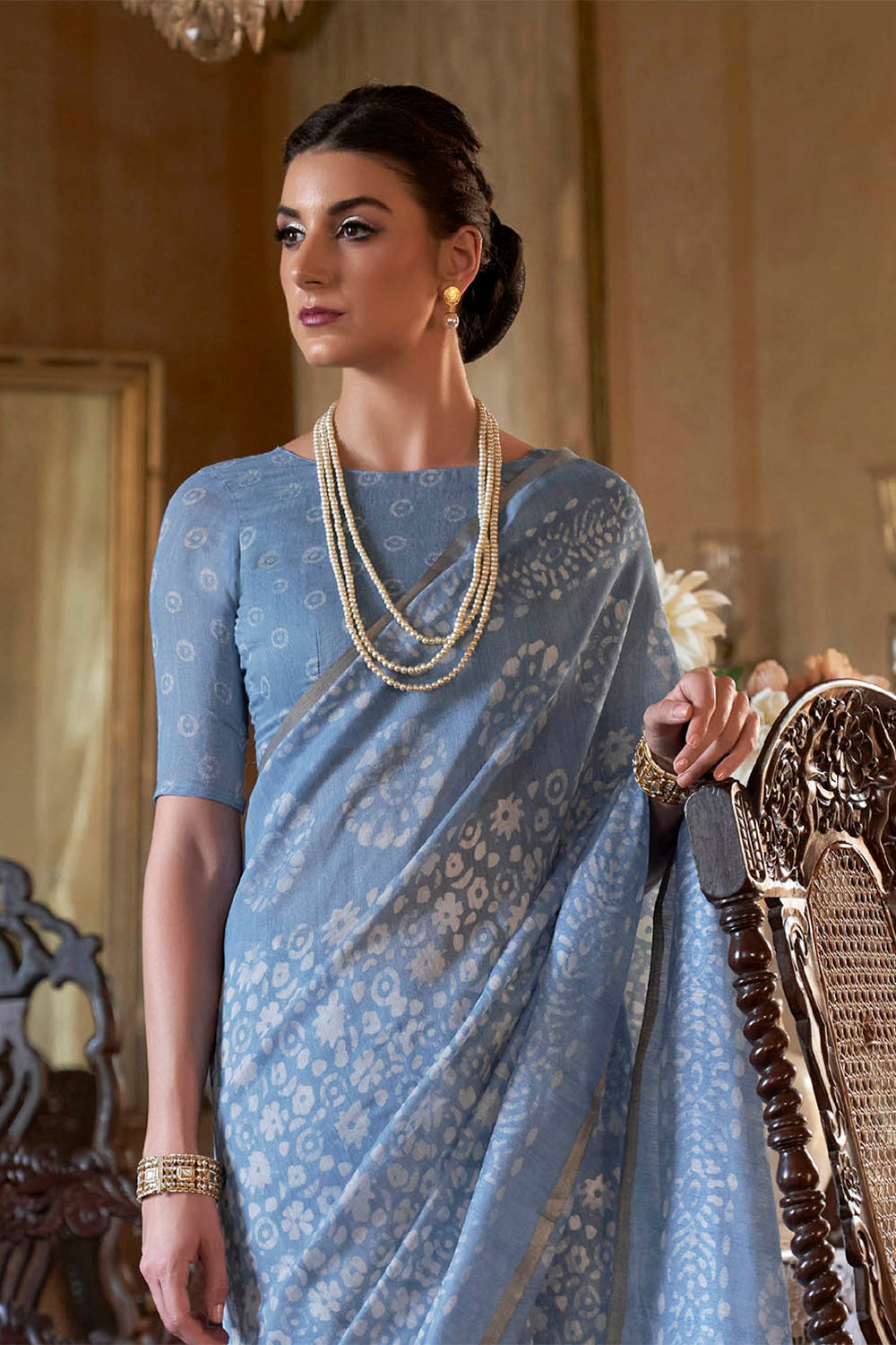 Dainty Blue Batik Printed Soft Linen Silk Saree