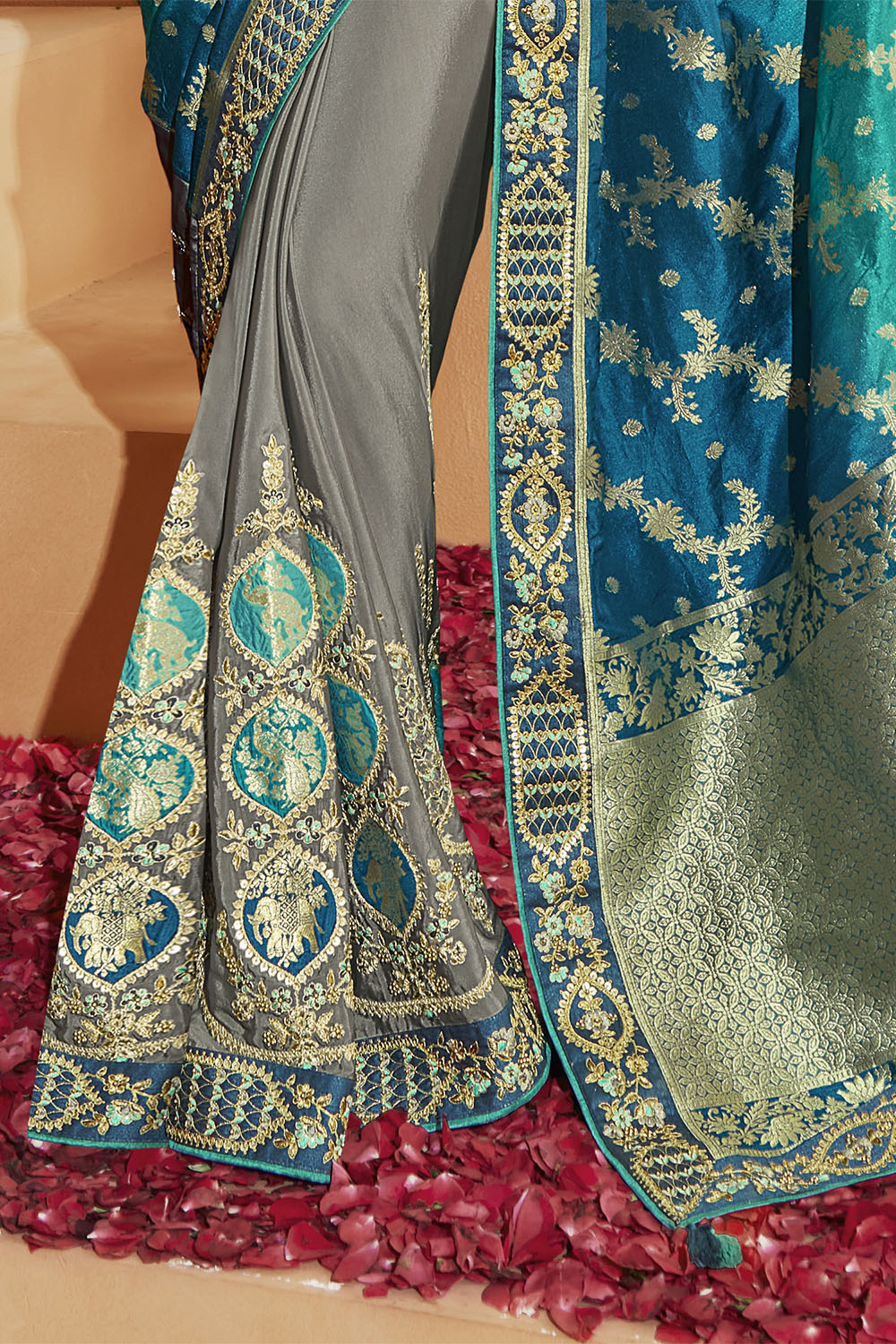 Peacock Blue with Grey Stunning Designer Bridal Dola Silk Saree with Heavy Embroidered Blouse