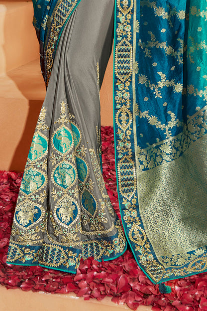 Peacock Blue with Grey Stunning Designer Bridal Dola Silk Saree with Heavy Embroidered Blouse