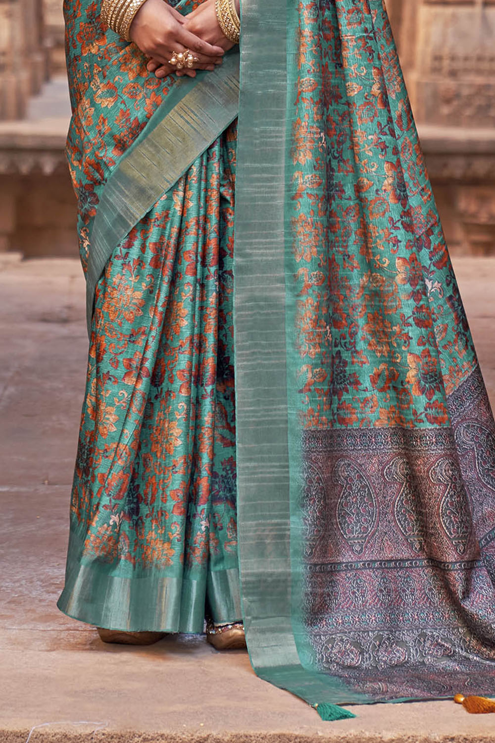 Rama Green with Brown  Soft Tussar Silk Floral Kalamkari Saree