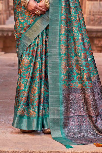 Rama Green with Brown  Soft Tussar Silk Floral Kalamkari Saree