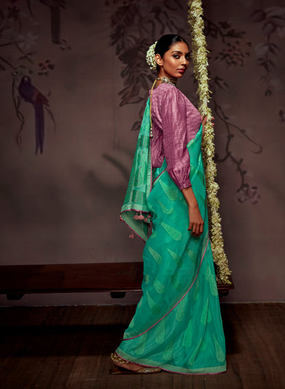 Pine Green  Checks Designer Soft Organza Saree with Zari Border