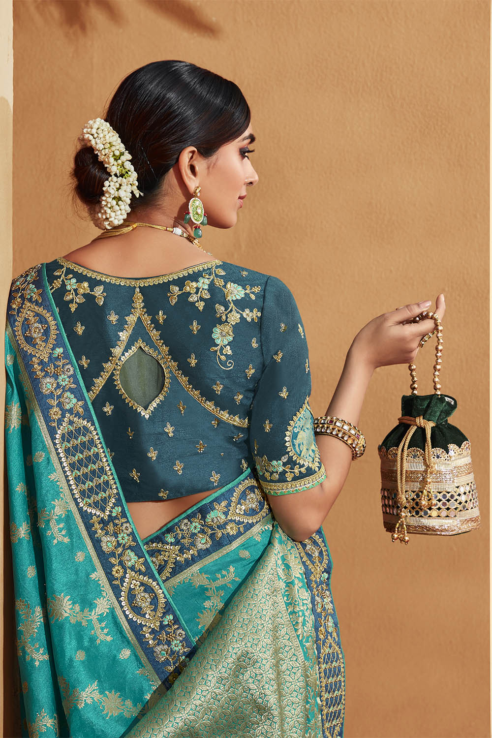 Peacock Blue with Grey Stunning Designer Bridal Dola Silk Saree with Heavy Embroidered Blouse