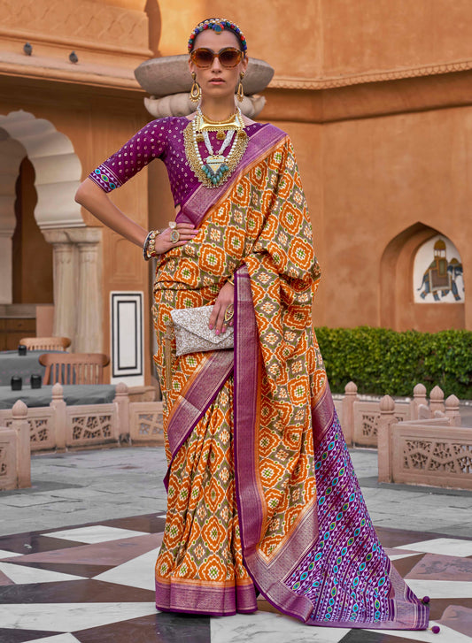 Apricot with Purple Soft Floral Printed Saree with Ekat Border and Pallu