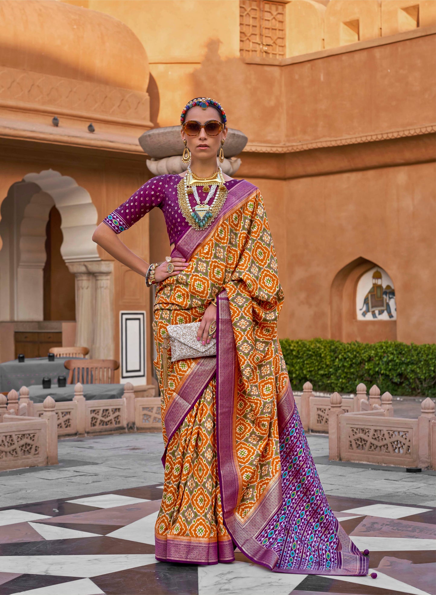 Apricot with Purple Soft Floral Printed Saree with Ekat Border and Pallu