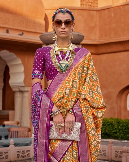 Apricot with Purple Soft Floral Printed Saree with Ekat Border and Pallu