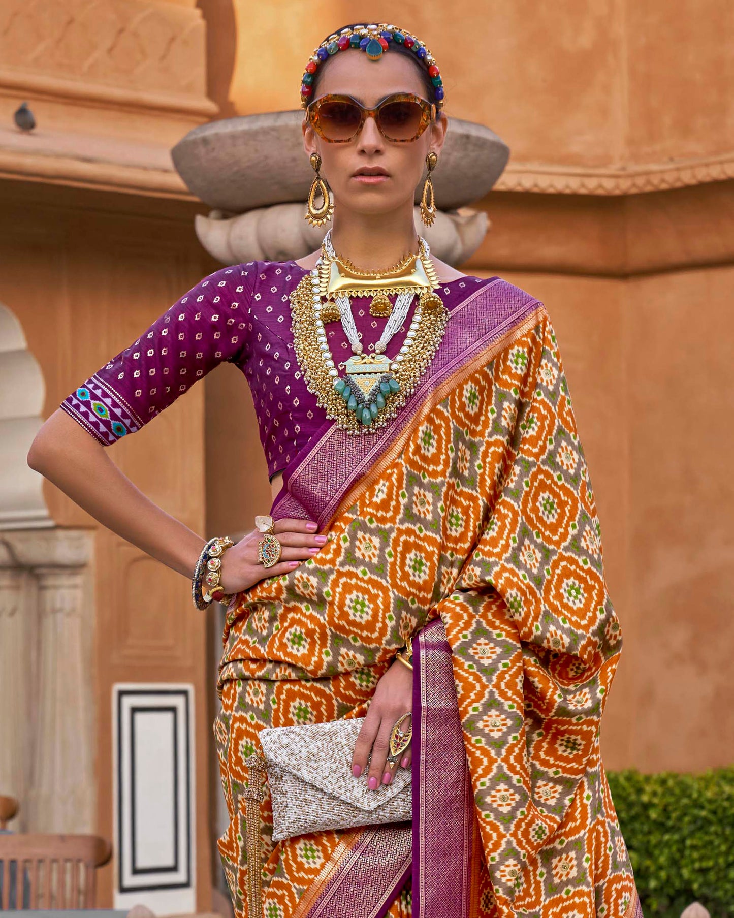 Apricot with Purple Soft Floral Printed Saree with Ekat Border and Pallu