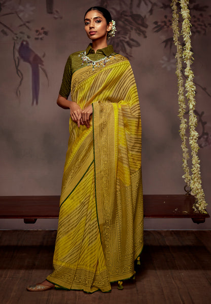 Mustard Gold  Checks Designer Soft Organza Saree with Zari Border