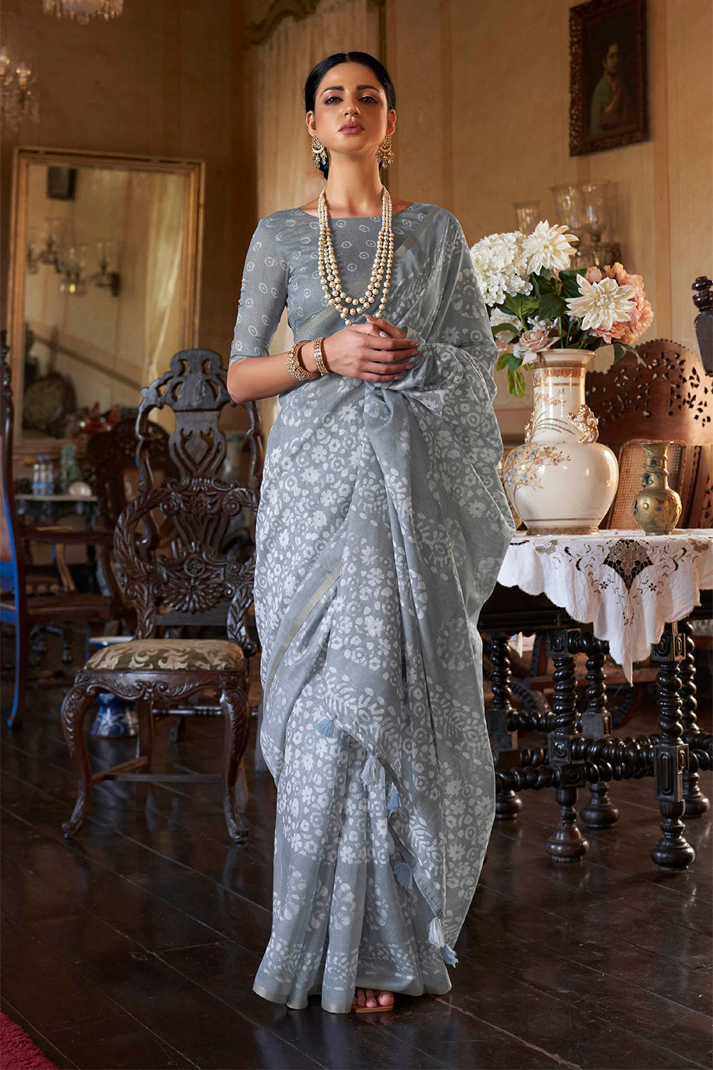 Grey White Batik Printed Soft Linen Silk Saree