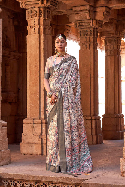 Off White  Soft Tussar Silk Floral Kalamkari Saree