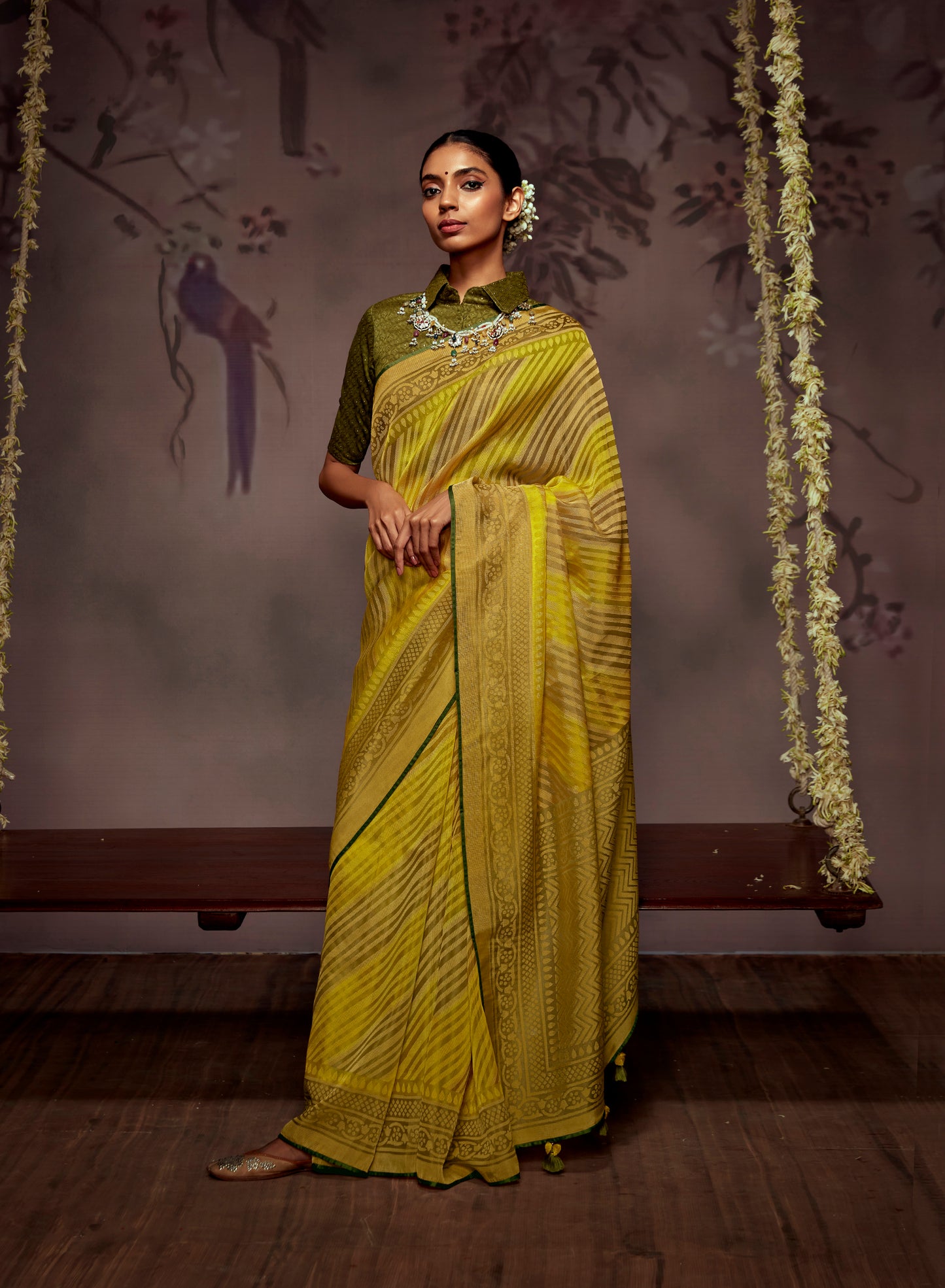 Mustard Gold  Checks Designer Soft Organza Saree with Zari Border