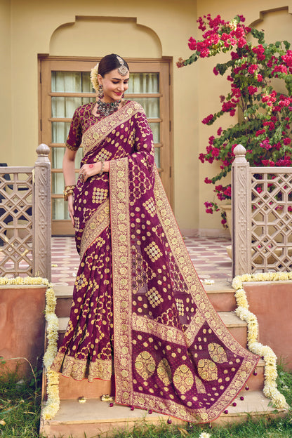 Dark Purple Bandhani Style Designer Dola Silk Saree with Blouse