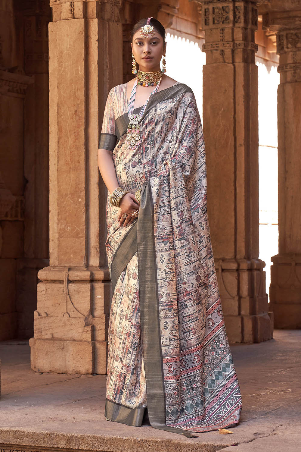 Off White  Soft Tussar Silk Floral Kalamkari Saree