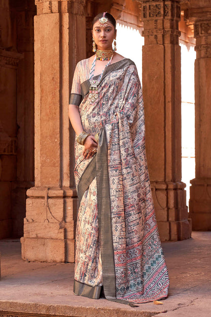 Off White  Soft Tussar Silk Floral Kalamkari Saree