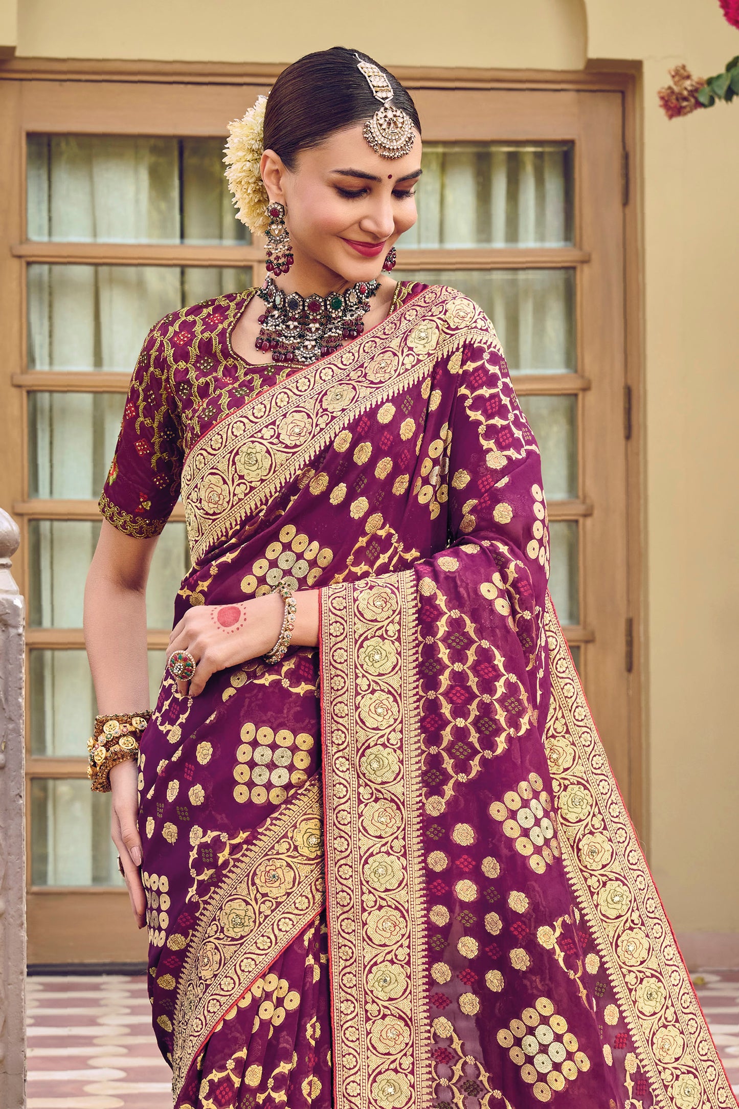 Dark Purple Bandhani Style Designer Dola Silk Saree with Blouse