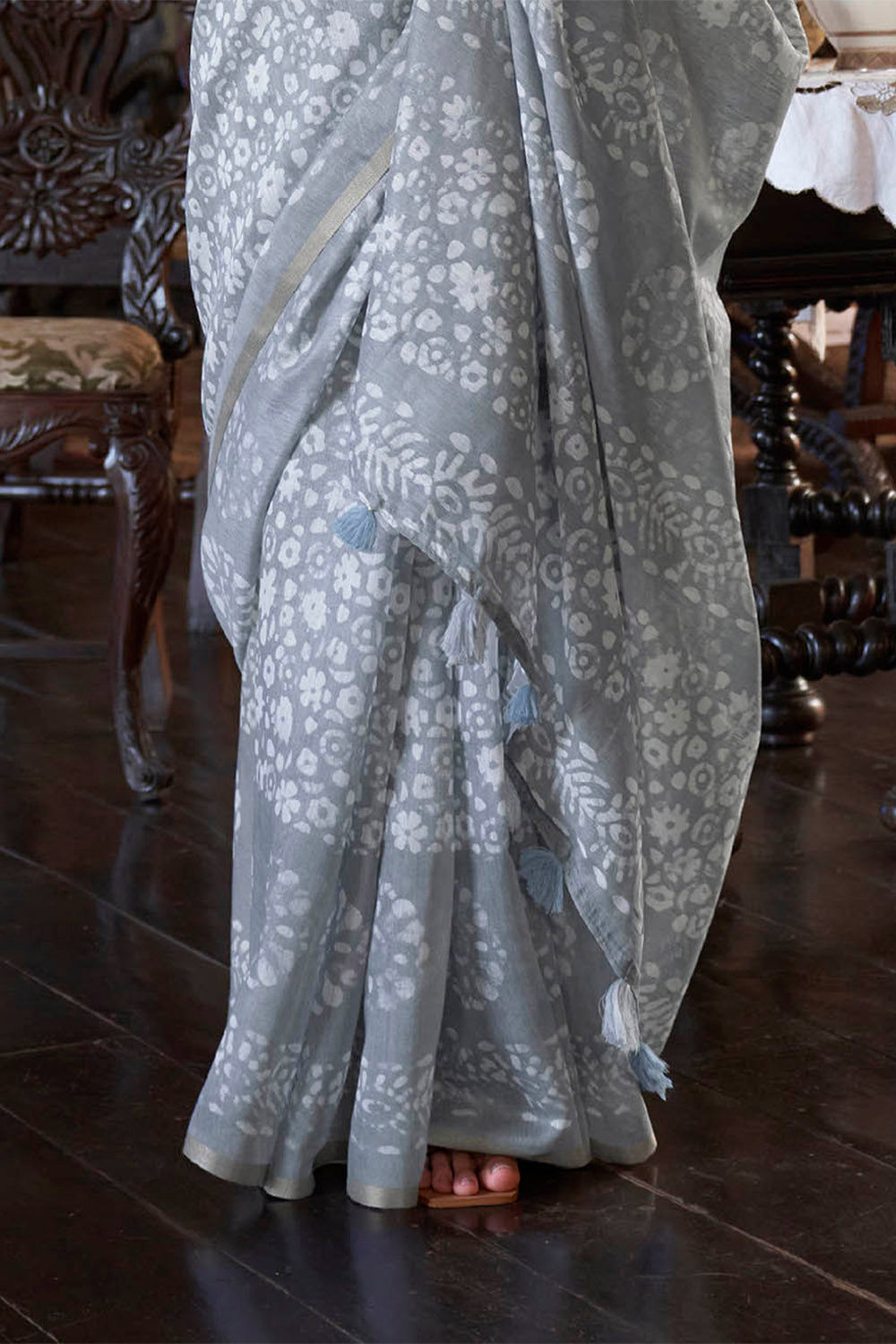 Grey White Batik Printed Soft Linen Silk Saree