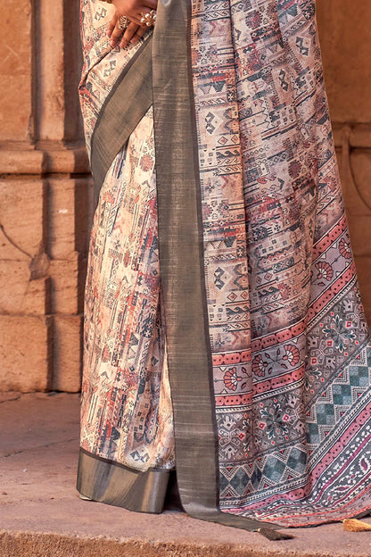 Off White  Soft Tussar Silk Floral Kalamkari Saree