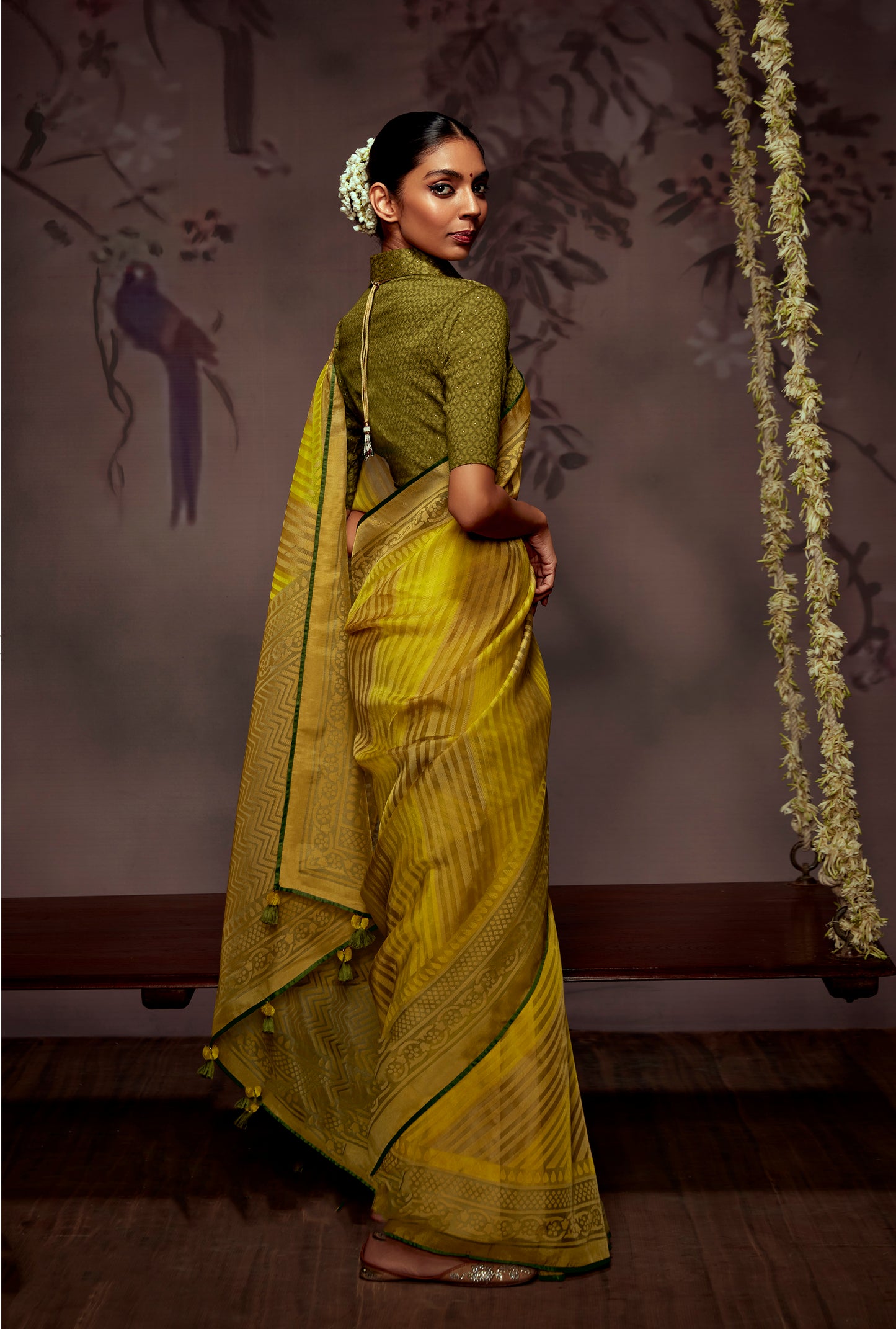 Mustard Gold  Checks Designer Soft Organza Saree with Zari Border