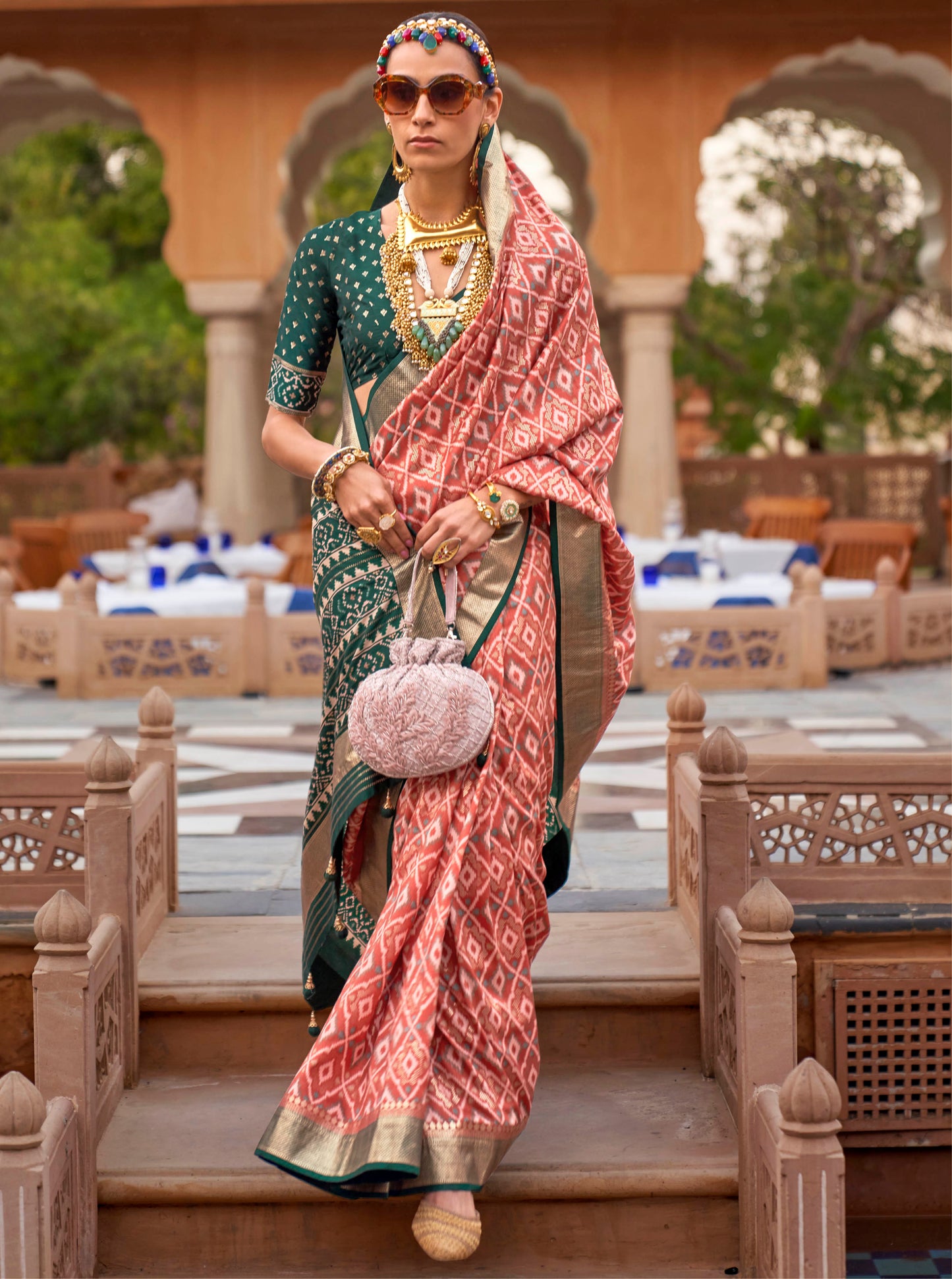 Flamingo Pink with Green  Soft Floral Printed Saree with Ekat Border and Pallu