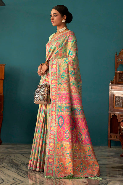 Soft Green Woven Designer Kashmiri Kani Silk Saree with Intricate Floral Weaving Design