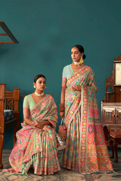 Soft Green Woven Designer Kashmiri Kani Silk Saree with Intricate Floral Weaving Design