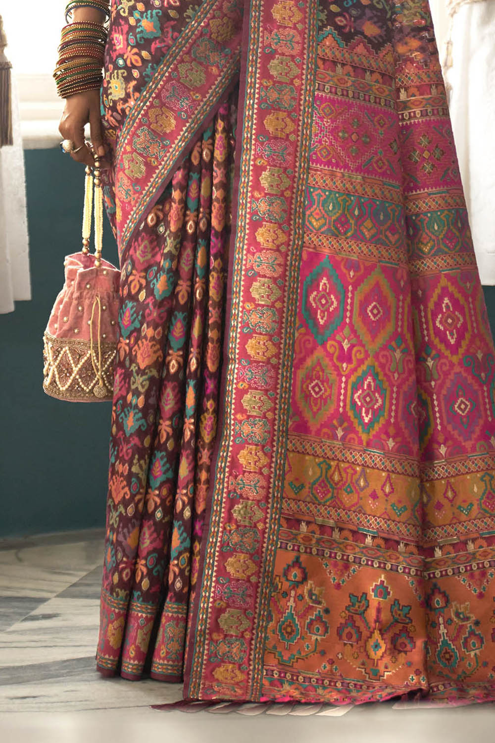 Dark Brown Woven Designer Kashmiri Kani Silk Saree with Intricate Floral Weaving Design