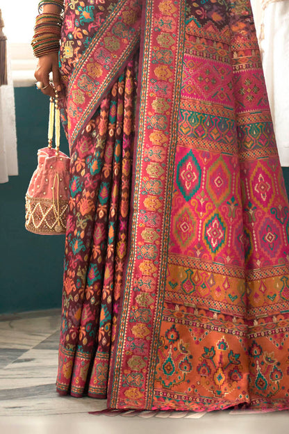 Dark Brown Woven Designer Kashmiri Kani Silk Saree with Intricate Floral Weaving Design