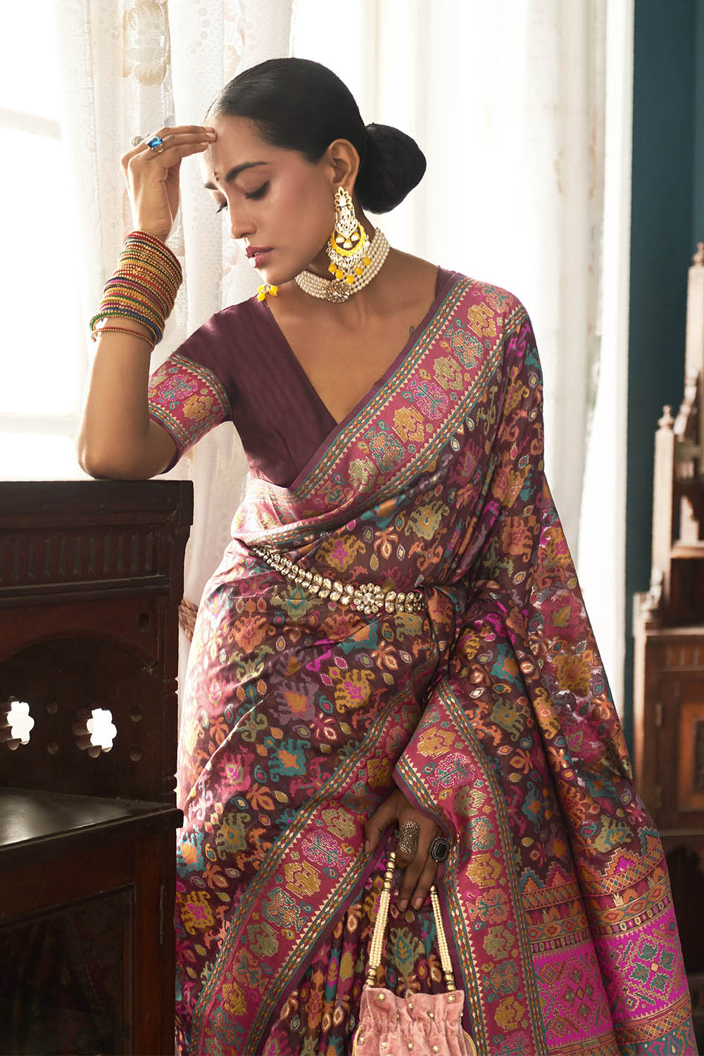 Dark Brown Woven Designer Kashmiri Kani Silk Saree with Intricate Floral Weaving Design