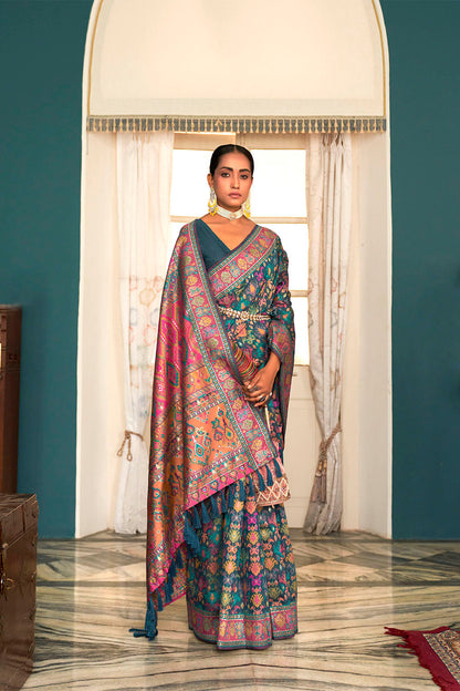 Bottle Green Woven Designer Kashmiri Kani Silk Saree with Intricate Floral Weaving Design