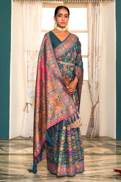 Bottle Green Woven Designer Kashmiri Kani Silk Saree with Intricate Floral Weaving Design