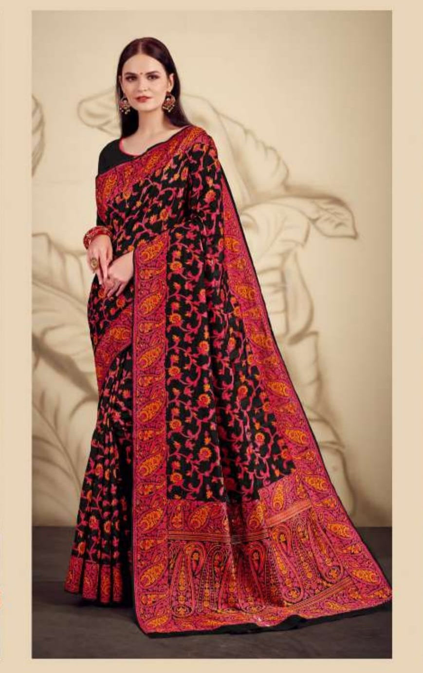 Black Woven Jamavar Kani Silk Saree with Red Border