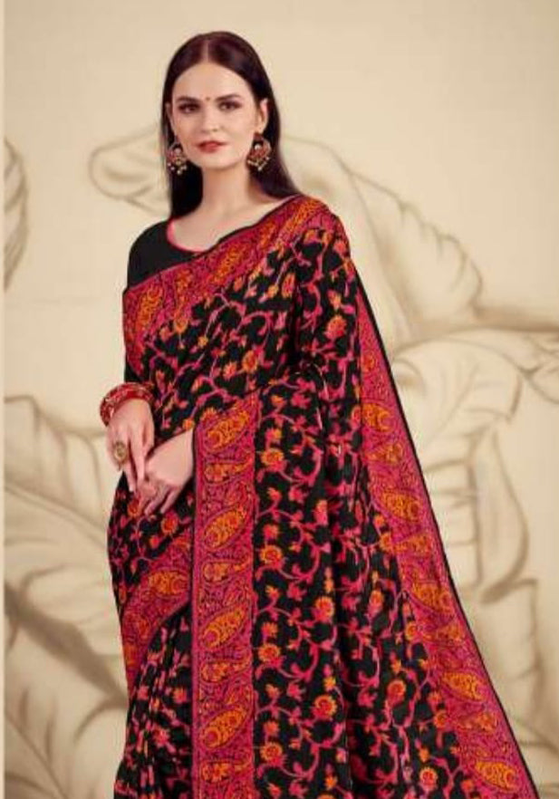 Black Woven Jamavar Kani Silk Saree with Red Border