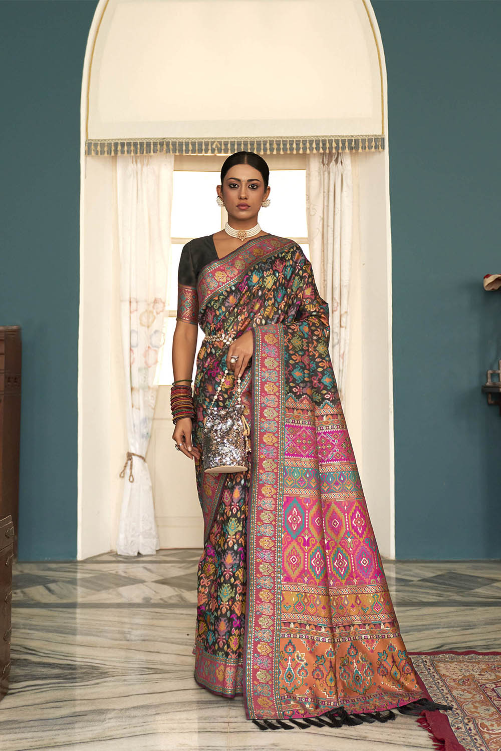 Black with Multi Woven Designer Kashmiri Kani Silk Saree with Intricate Floral Weaving Design